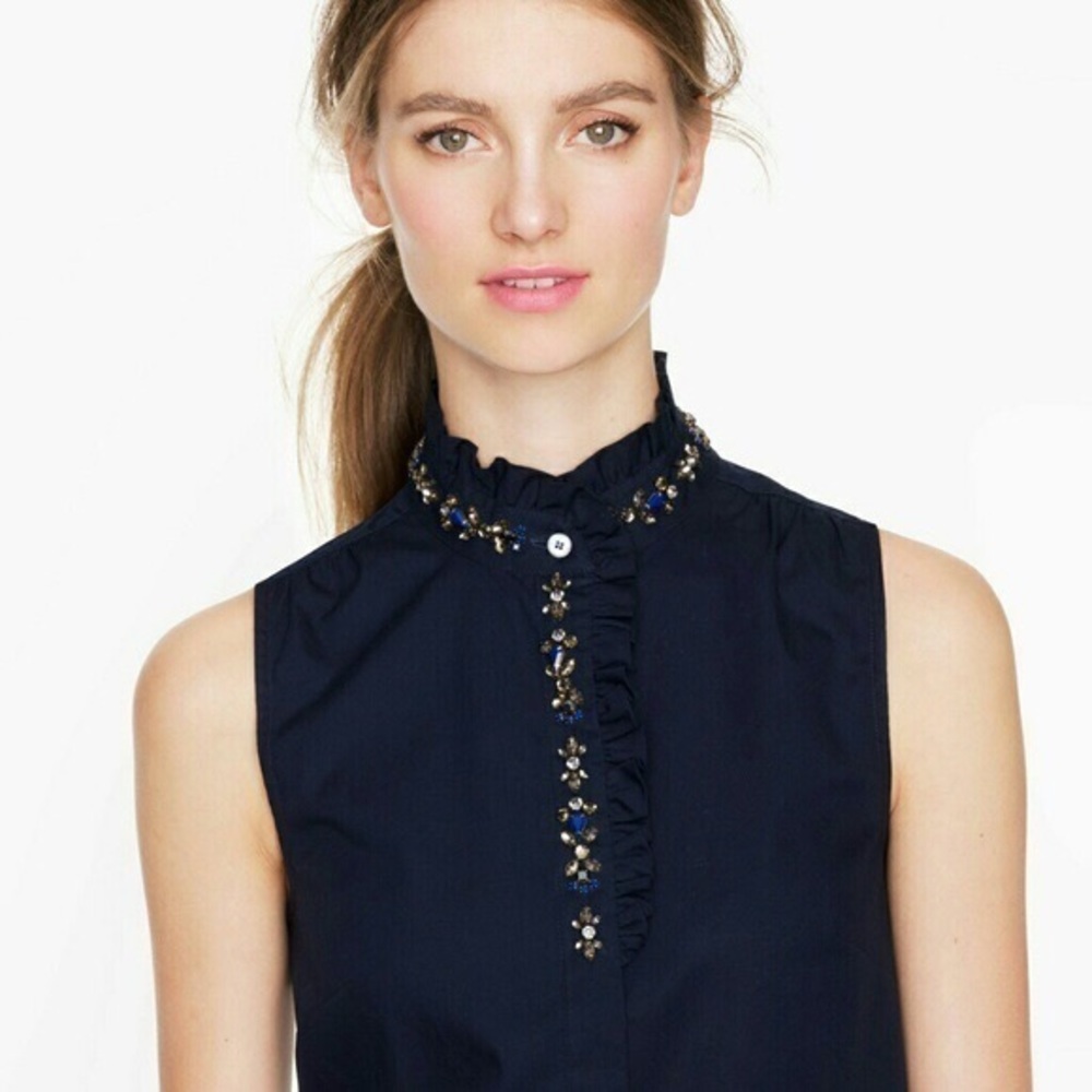 J Crew NWOT navy ruffle rhinestone embellished top